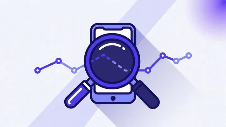 Illustration: a magnifying glass over a phone where a data trail breaks into a dashed line