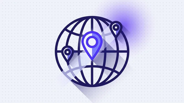 Illustration: a wireframe globe with three map pins, the central one highlighted