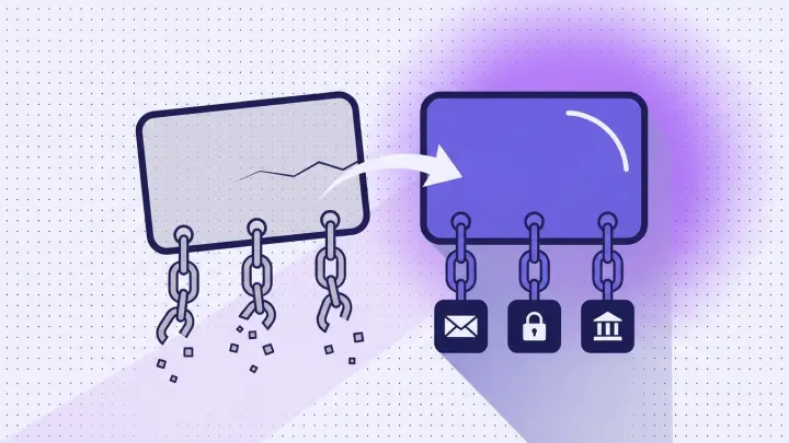 Illustration: an old number card with three broken chain links beside a new card holding the same account icons on intact chains