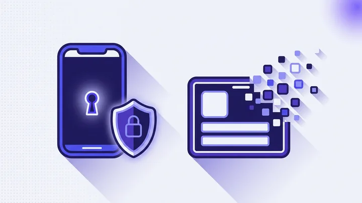 Illustration: a smartphone showing a keyhole beside an identity card dissolving into pixels