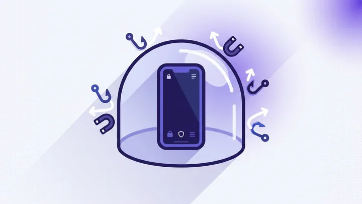 Illustration: a phone inside a protective dome deflecting hooks and magnets