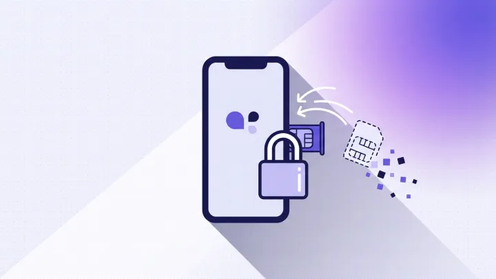 Illustration: a padlock clamped over a phone's SIM tray while a duplicate SIM card is rejected and breaks apart