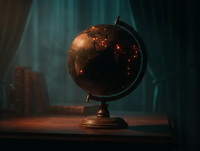 Illustration: a wireframe globe with three map pins, the central one highlighted